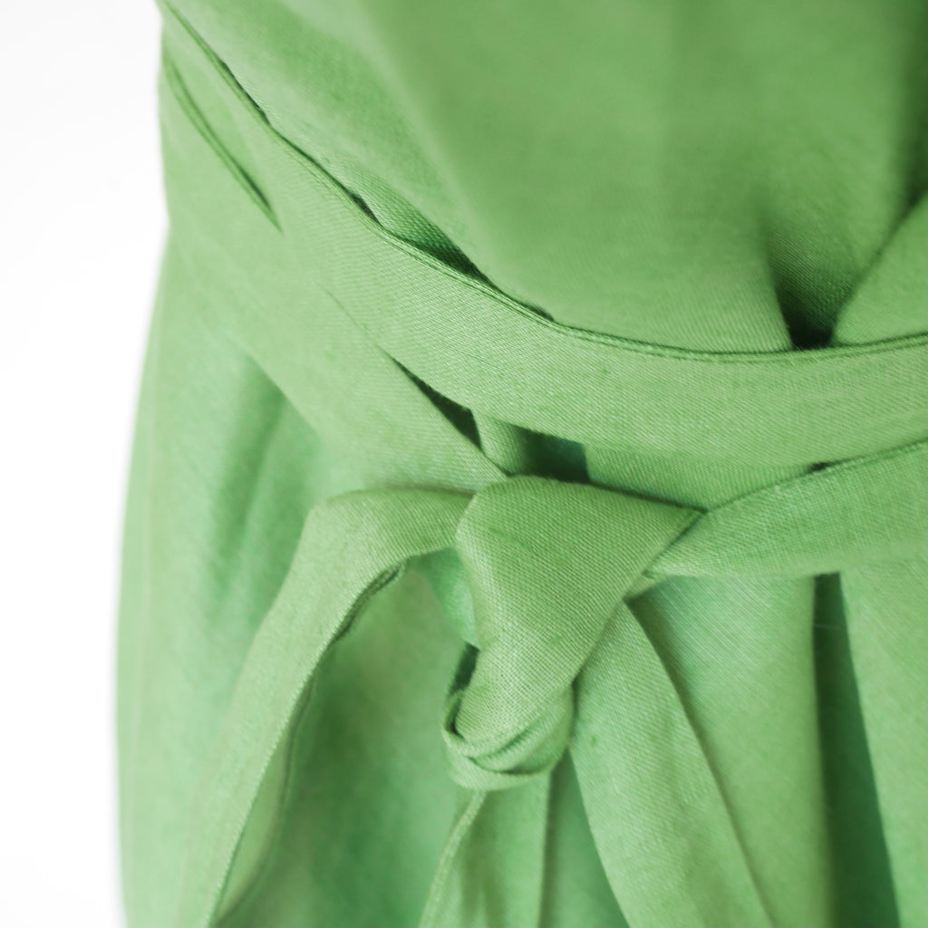 Alba linen dress close up showing waist tie. 100% linen Australian made summer dress in emerald colour