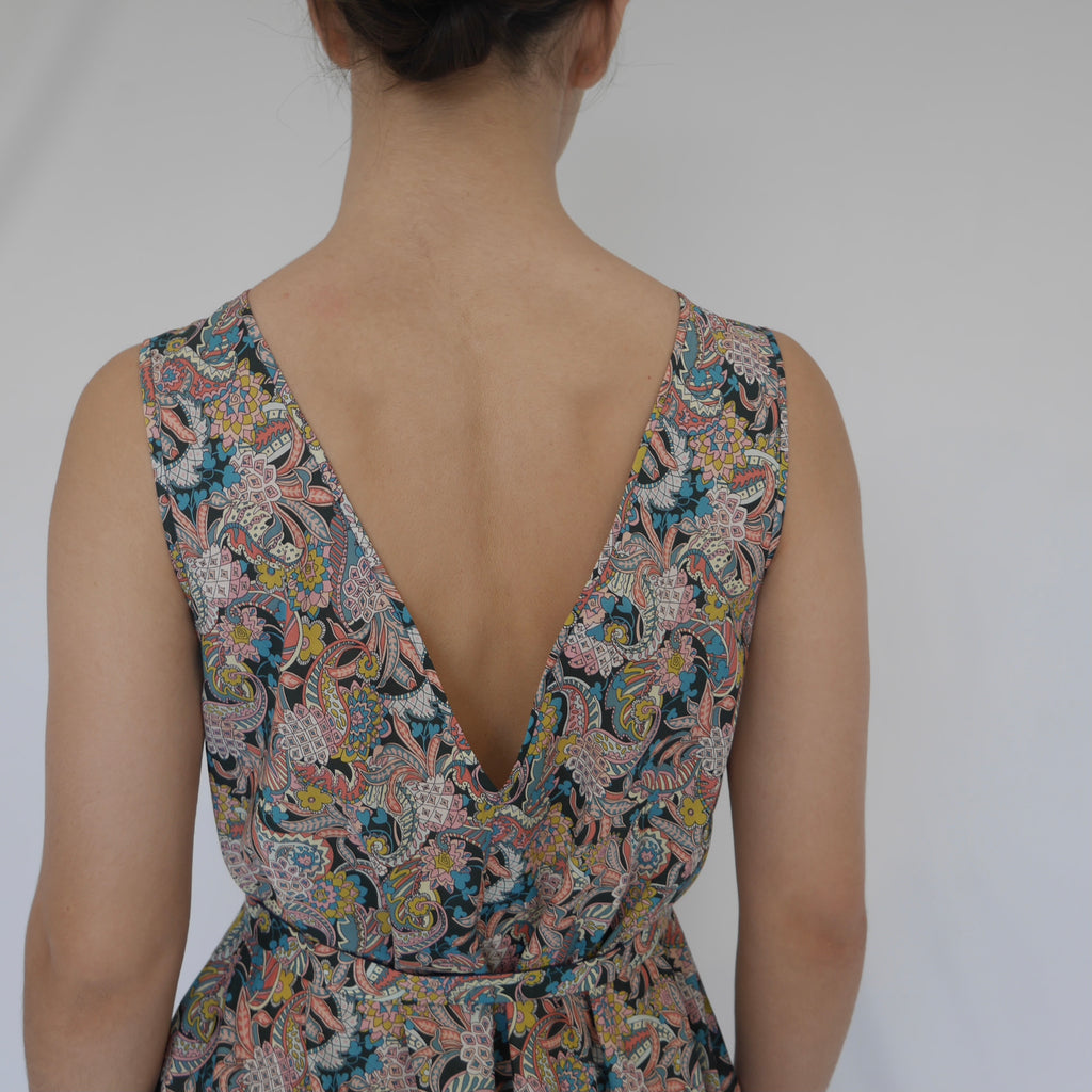 Back view of LUZ Liberty cotton blue paisley A-line dress. Australian made.