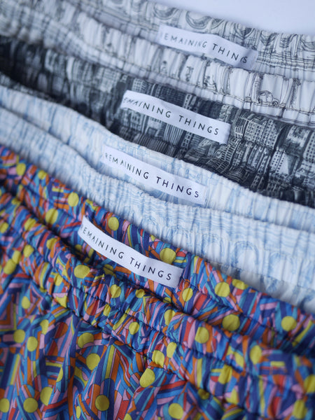 Close up of 4 different Remaining Things elastic waistband skirts in Liberty cotton