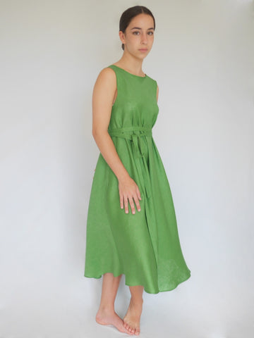 Emerald linen A-line dress, sleeveless, with pockets and self fabric belt  