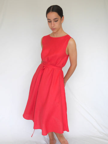 Strawberry, A-line linen dress, sleeveless, self fabric belt and pockets